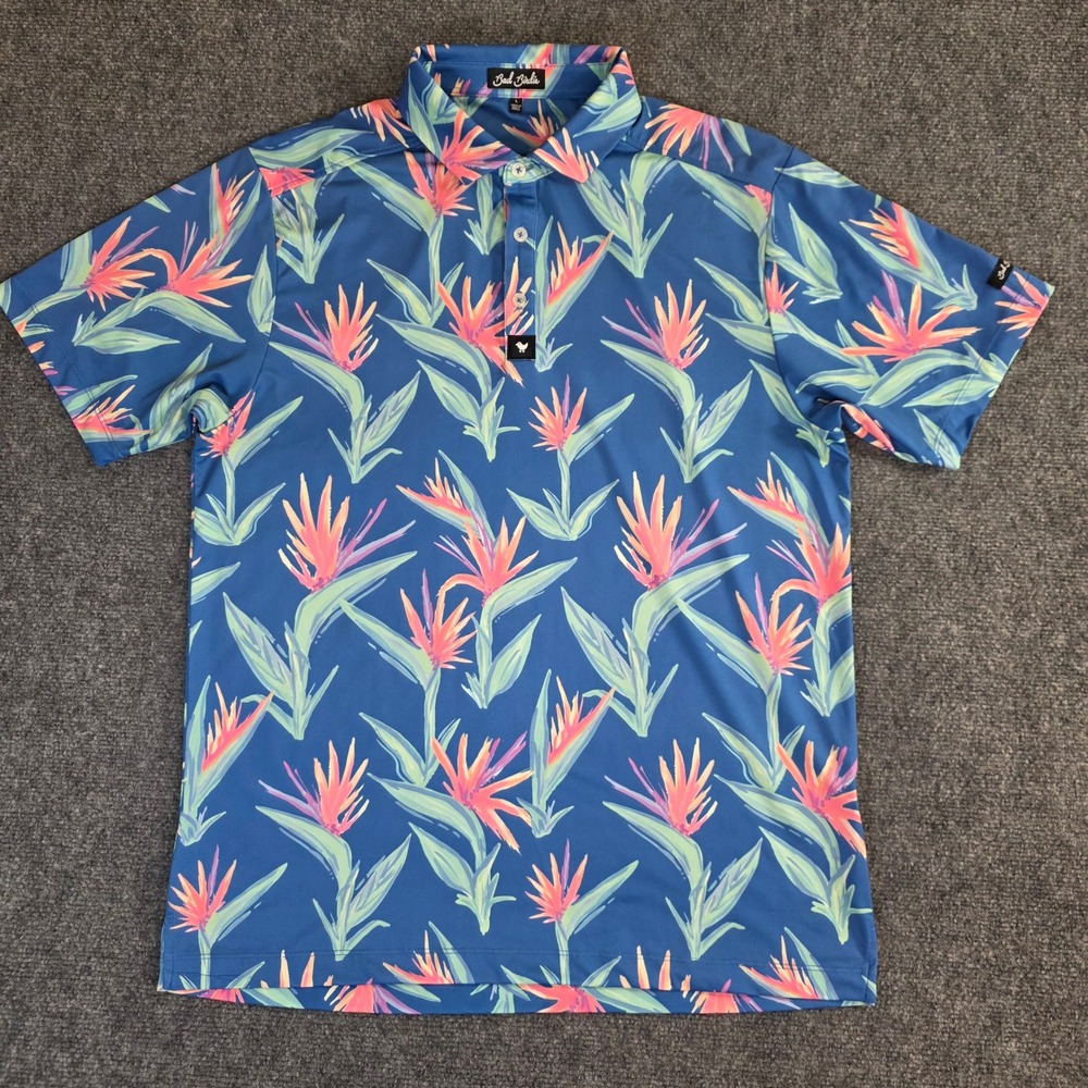 Bad Birdie Polo Shirt Mens Large Blue Floral Bird of Paradise Performance Golf
